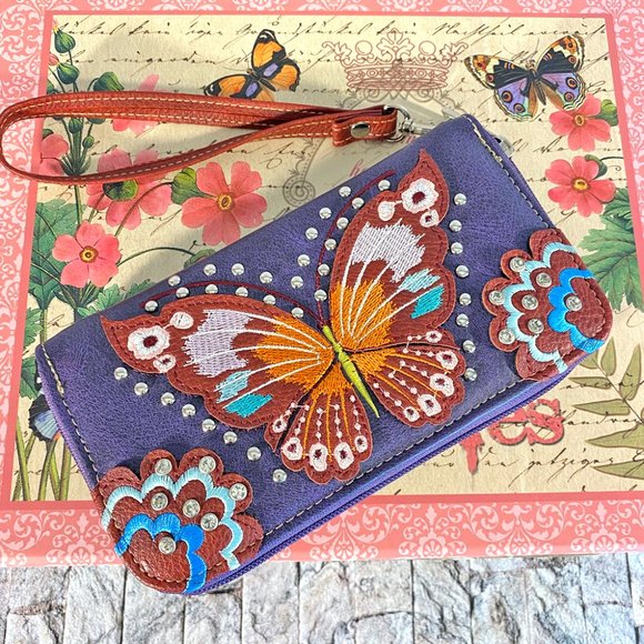 Justin West Handbags - Justin West Purple Butterfly Wallet Wristlet Faux Leather Removeable Strap Zip